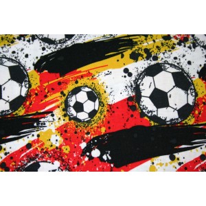 60cm + 40 cm  Stretchjersey "Fußball gelb/rot/schwarz"  LETZTE STÜCKE  (Grundpreis € 15,00/m)